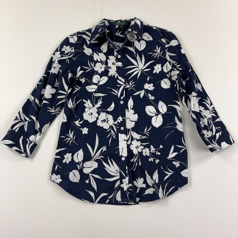 Lauren Ralph Lauren Shirt Womens XS Blue Floral Hawaiian 3/4 Sleeve Button-Up